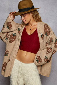 POL Long Sleeve Fruit Motif Pattern Berber Sweater Cardigan