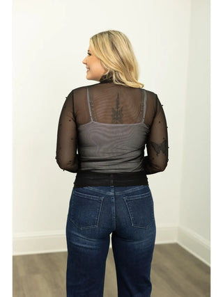 Grace + Emma Mock Neck Mesh Top with Pearl Detail