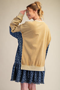 Easel Washed Terry Pullover With Denim Ruffle Bottom Dress
