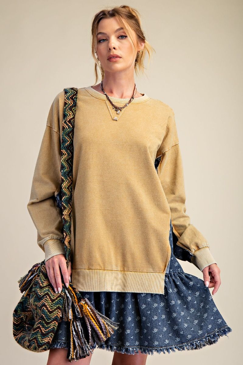 Easel Washed Terry Pullover With Denim Ruffle Bottom Dress