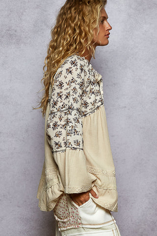 POL 3/4 Flared Sleeve Double Gauze Patch Woven Top - Natural