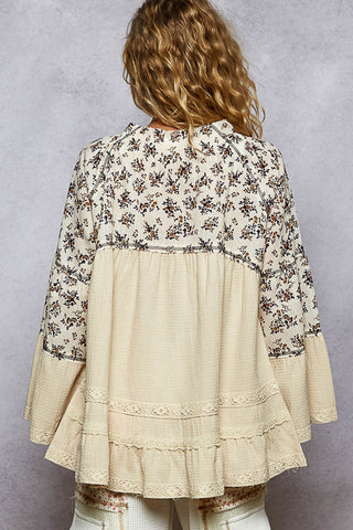 POL 3/4 Flared Sleeve Double Gauze Patch Woven Top - Natural
