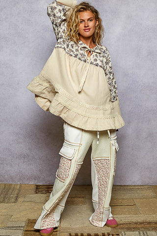 POL 3/4 Flared Sleeve Double Gauze Patch Woven Top - Natural