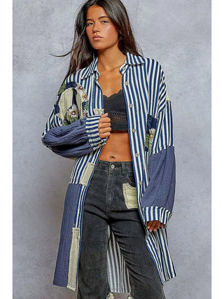 POL Oversized Peace Patch Button Down Plaid Shirt