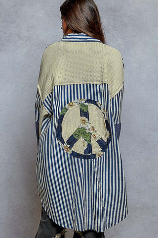 POL Oversized Peace Patch Button Down Plaid Shirt