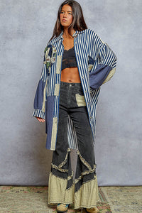 POL Oversized Peace Patch Button Down Plaid Shirt