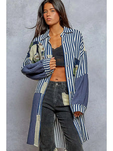 POL Oversized Peace Patch Button Down Plaid Shirt