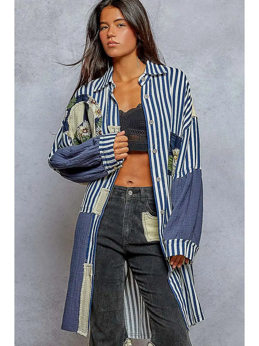 POL Oversized Peace Patch Button Down Plaid Shirt