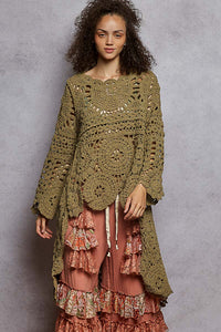 POL Long Sleeve Round Neck Chenille Varied Crochet Sweater Top