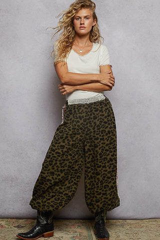 POL Leopard Print Crochet Patch Elastic Waist Woven Jogger Pants
