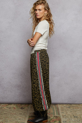 POL Leopard Print Crochet Patch Elastic Waist Woven Jogger Pants