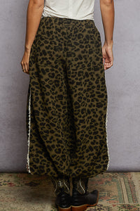 POL Leopard Print Crochet Patch Elastic Waist Woven Jogger Pants