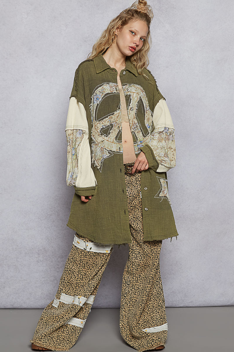 POL Balloon Sleeve Double Gauze Peace Star Patch Shirt Top