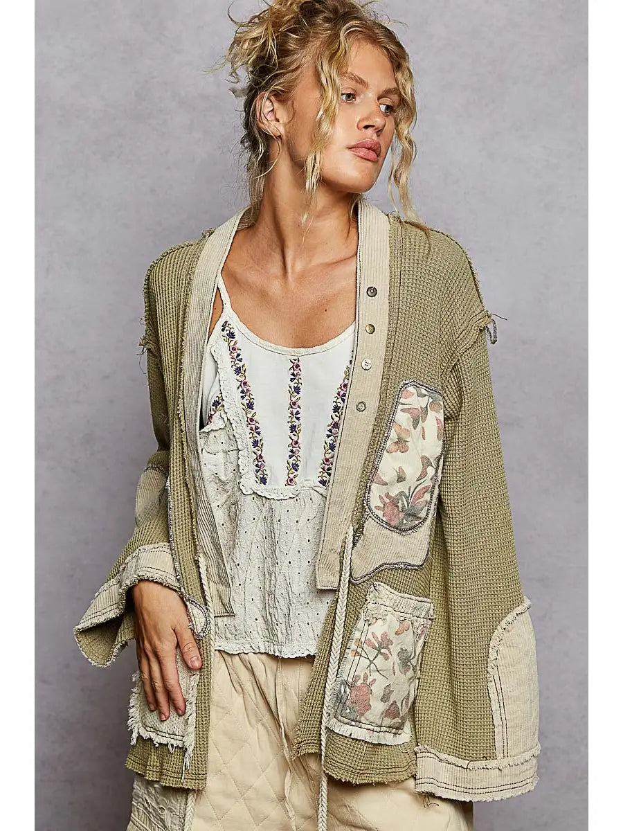 POL Solid Pattern Patch Detail Thermal Knit Cardigan Top