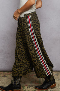 POL Leopard Print Crochet Patch Elastic Waist Woven Jogger Pants