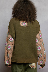 POL Contrast Square Pattern Sleeves Chenille Pullover Sweater