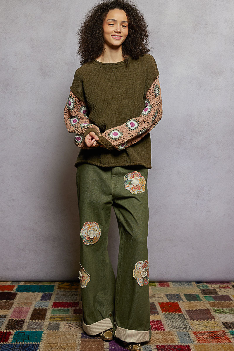 POL Contrast Square Pattern Sleeves Chenille Pullover Sweater