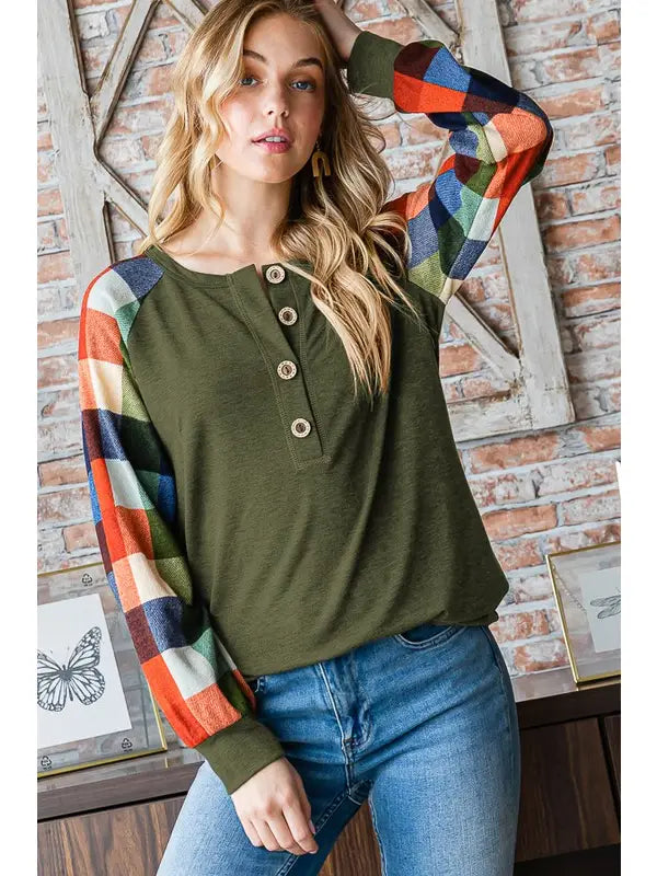 Heimish Long Puff Sleeve Solid And Plaid Top