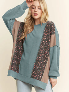 Heimish Solid And Floral Urban Rib Contrast Top