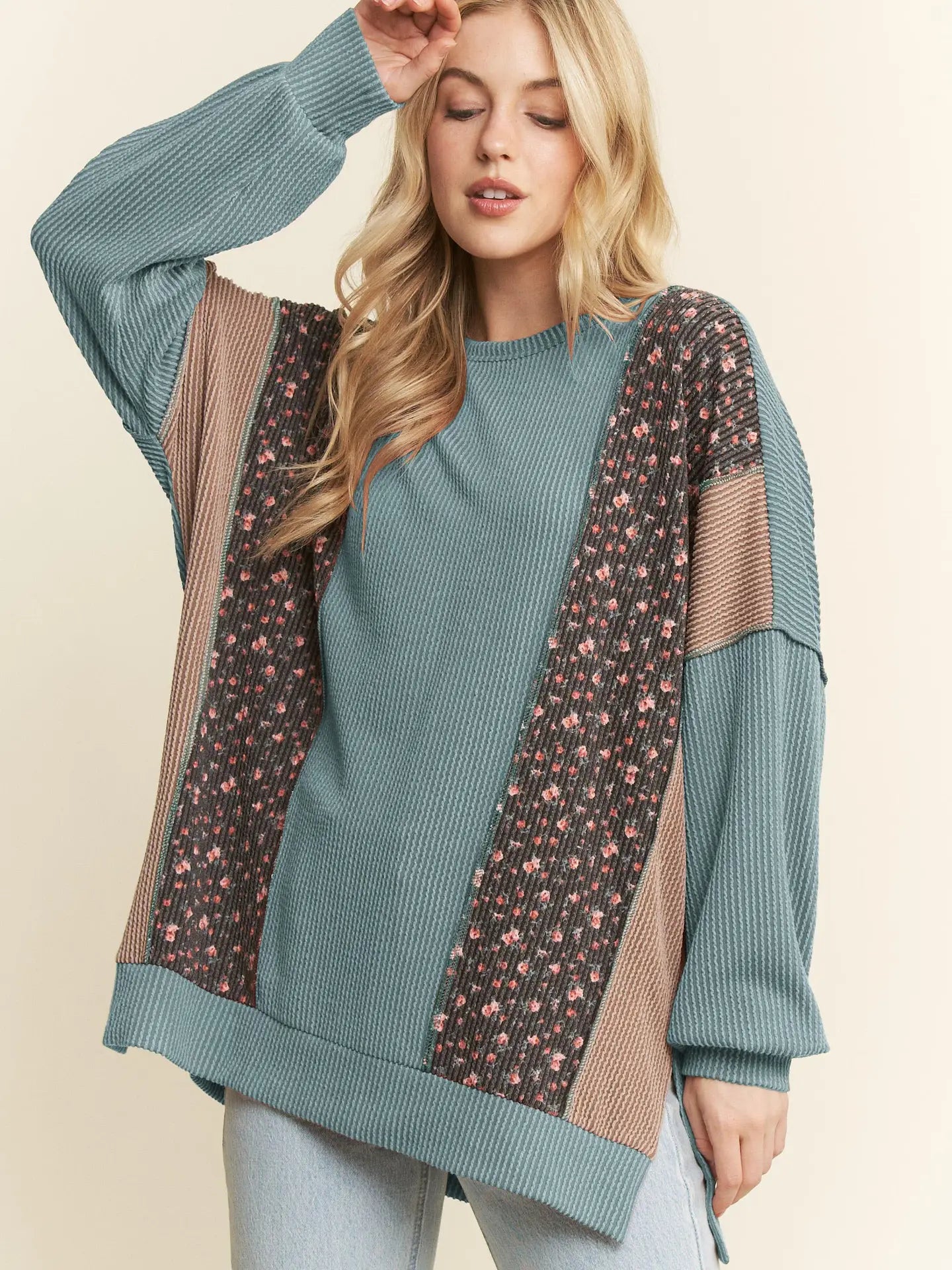 Heimish Solid And Floral Urban Rib Contrast Top