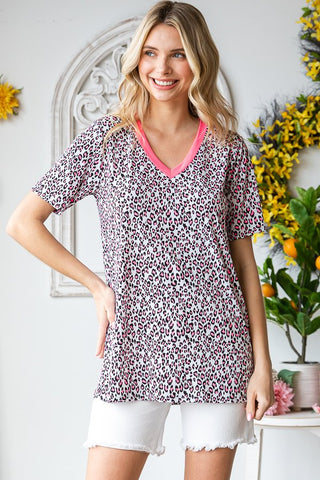 Heimish Short Sleeve V Neck Solid Top with Animal Print