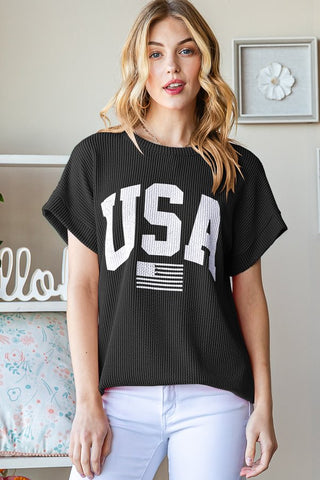 Heimish - Solid Ribbed USA Lettering Top - Black