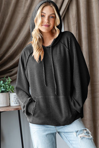 Heimish Puff Sleeve, Ribbed Hoodie- Black