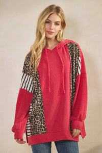 Heimish - Red Animal Print Contrast Hoodie Top