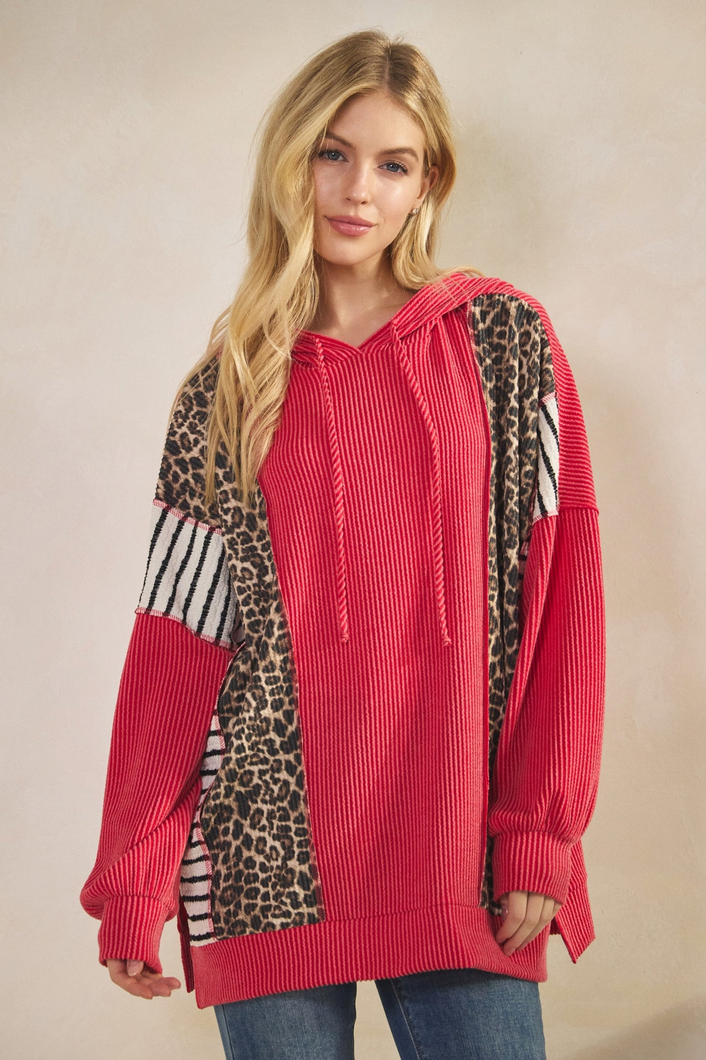 Heimish - Red Animal Print Contrast Hoodie Top