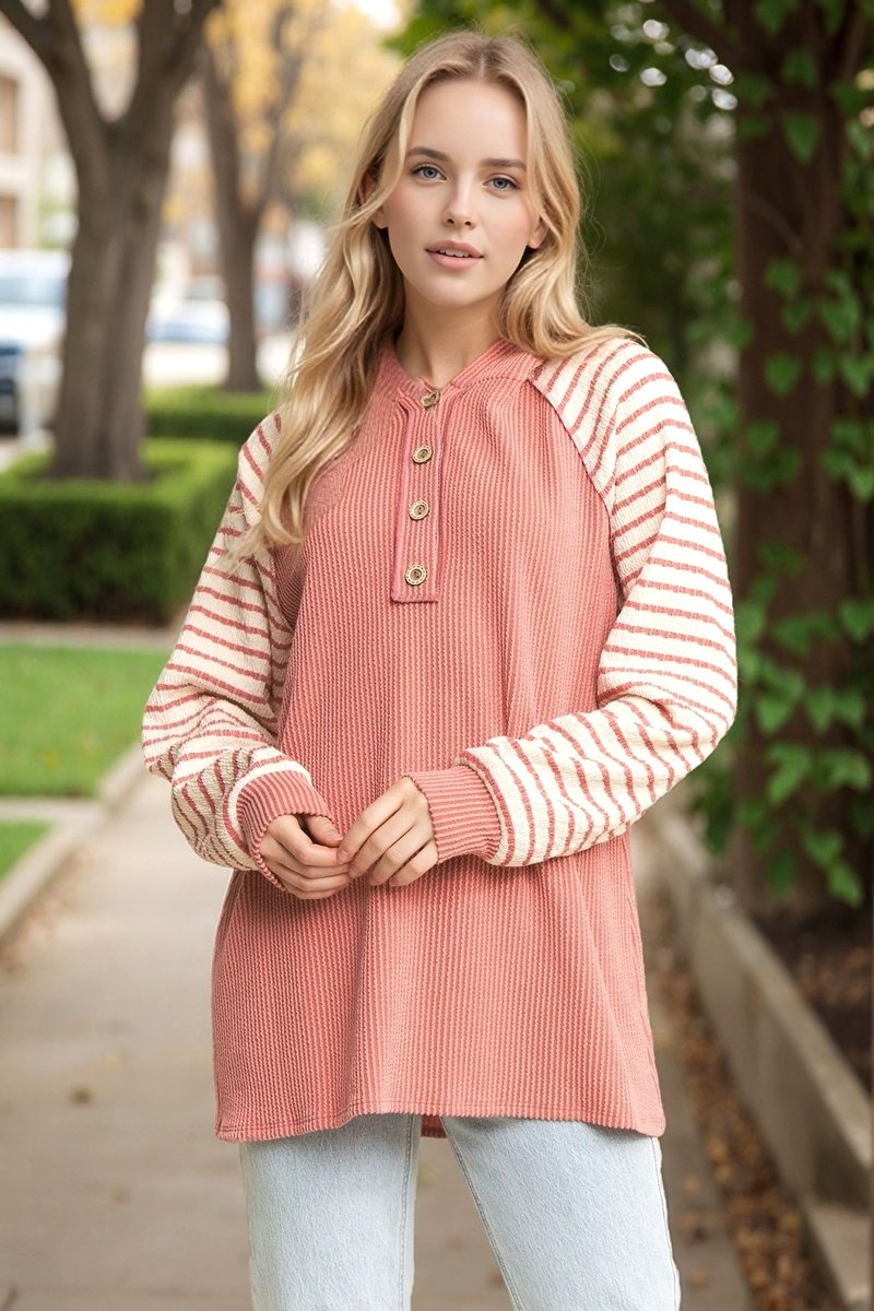 Striped Contrast Hooded Rib Top – Women’s Button Front Long Sleeve