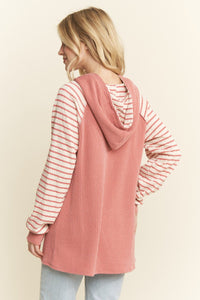 Striped Contrast Hooded Rib Top – Women’s Button Front Long Sleeve