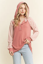 Load image into Gallery viewer, Striped Contrast Hooded Rib Top – Women’s Button Front Long Sleeve
