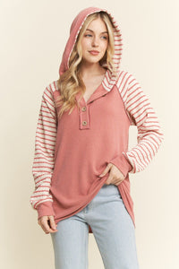 Striped Contrast Hooded Rib Top – Women’s Button Front Long Sleeve