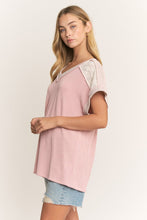 Load image into Gallery viewer, Heimish Short Sleeve, Ribbed Lace contrast Top - Rose
