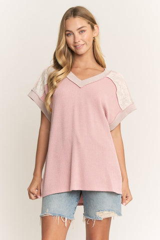 Heimish Short Sleeve, Ribbed Lace contrast Top - Rose