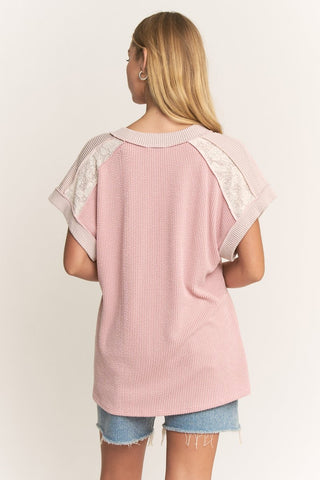 Heimish Short Sleeve, Ribbed Lace contrast Top - Rose