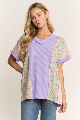 Heimish Short Sleeve, Color Block, Ribbed Top - Lavender