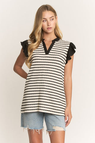 Heimish V-Neck, Jacquard Striped Knit Top - Cream Black