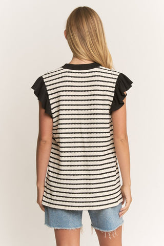 Heimish V-Neck, Jacquard Striped Knit Top - Cream Black