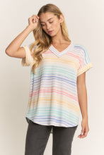 Load image into Gallery viewer, Heimish V-neck, Dolman Short Sleeve Ribbed Top- Multi Stripe
