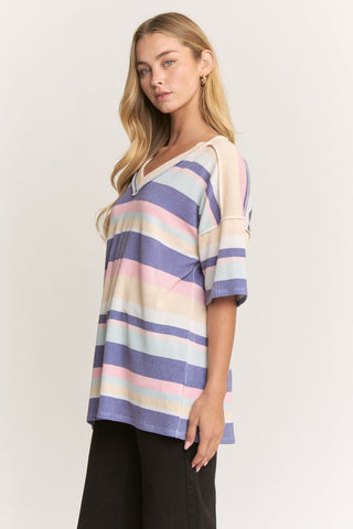 Heimish Short Sleeve, V-Neck Ribbed Top - Blue Multi