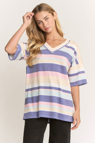 Heimish Short Sleeve, V-Neck Ribbed Top - Blue Multi