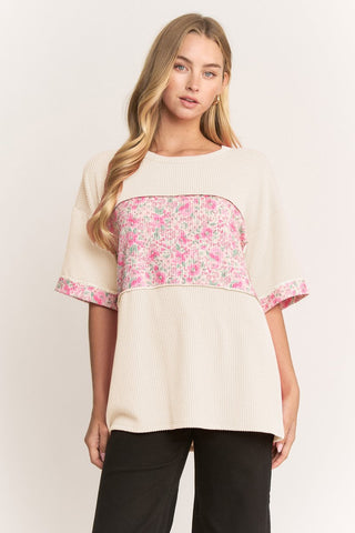 Heimish Short Sleeve V-Neck Colorblock Floral Top - Cream