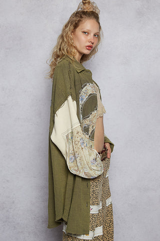 POL Balloon Sleeve Double Gauze Peace Star Patch Shirt Top
