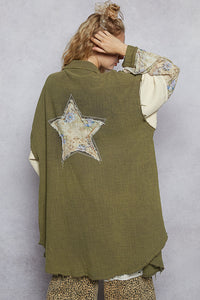 POL Balloon Sleeve Double Gauze Peace Star Patch Shirt Top