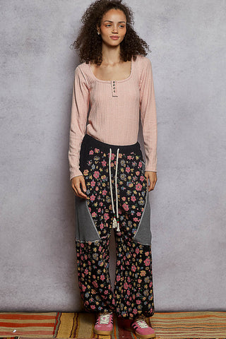 POL Square Neck Solid Placket Detail Cut and Sew Knit Top