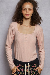 POL Square Neck Solid Placket Detail Cut and Sew Knit Top