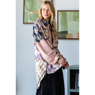Oli & Hali Bleach Detail Mix Media Shacket | Women’s Oversized Button Shirt