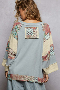 POL Round Neck Printed Peach Patch Overlock Stitch Knit Top