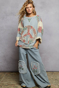 POL Round Neck Printed Peach Patch Overlock Stitch Knit Top